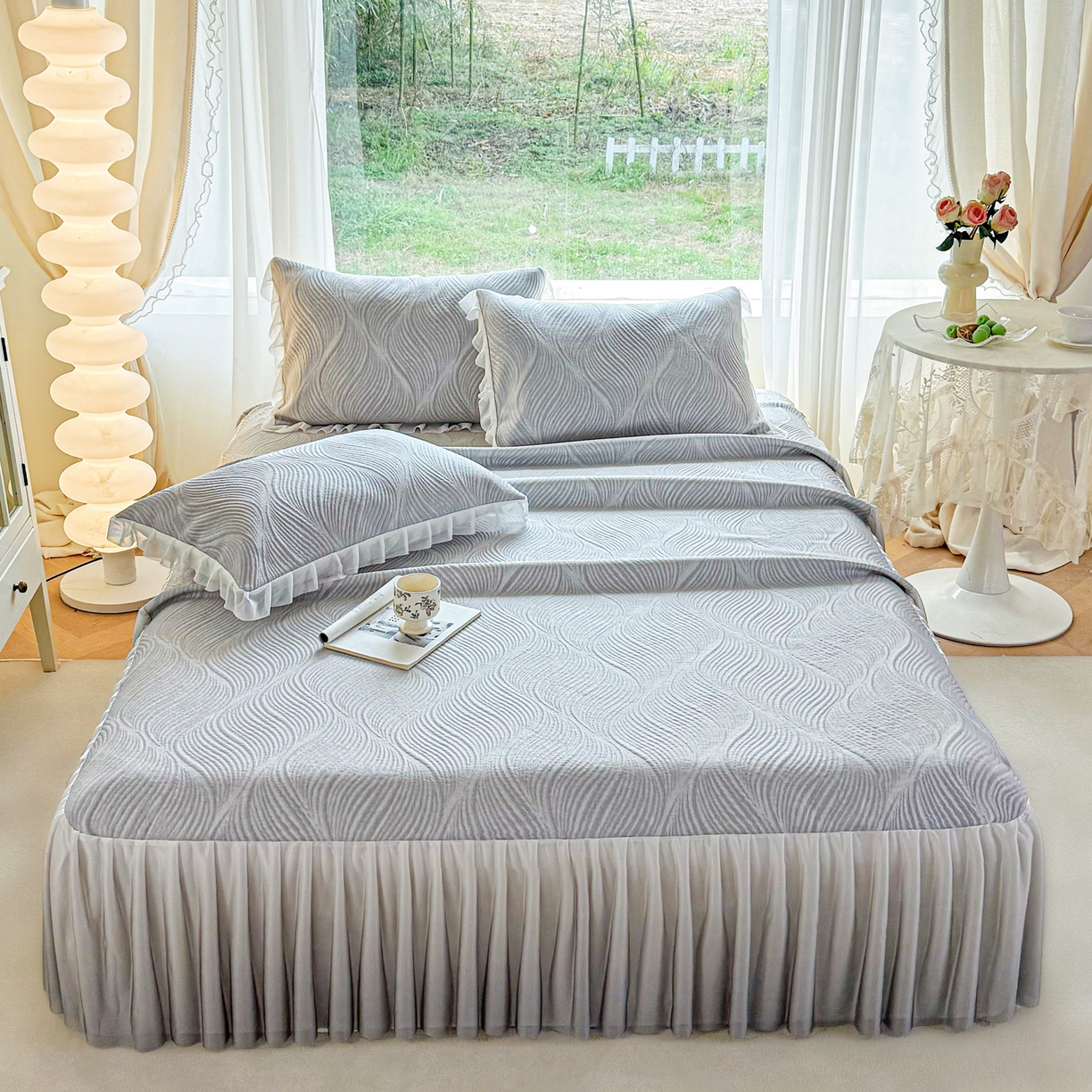 赛丽雅 2026新款A类PE提花渐变色床裙款凉席席子 素色主义-灰