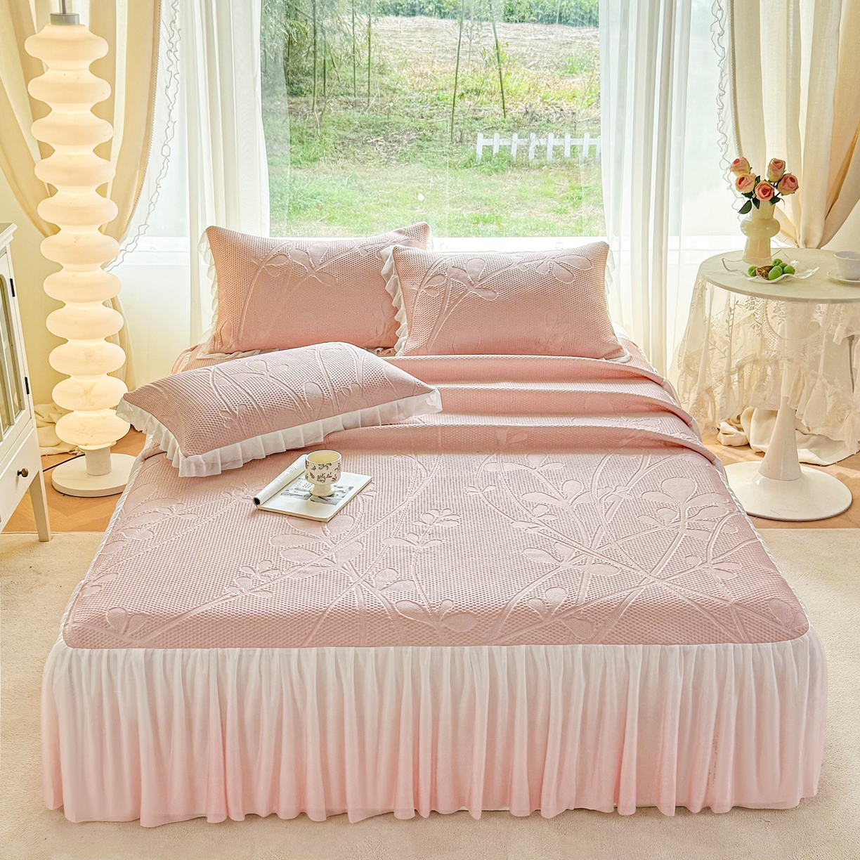 赛丽雅 2026新款A类PE提花渐变色床裙款凉席席子 枝夏-粉