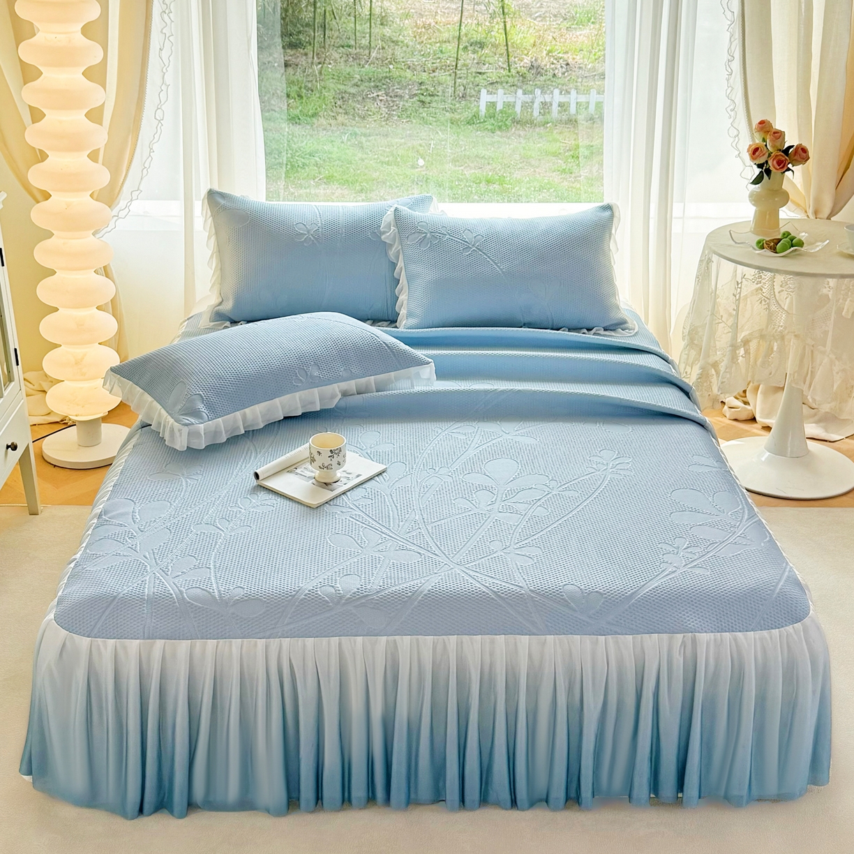 赛丽雅 2026新款A类PE提花渐变色床裙款凉席席子 枝夏-蓝