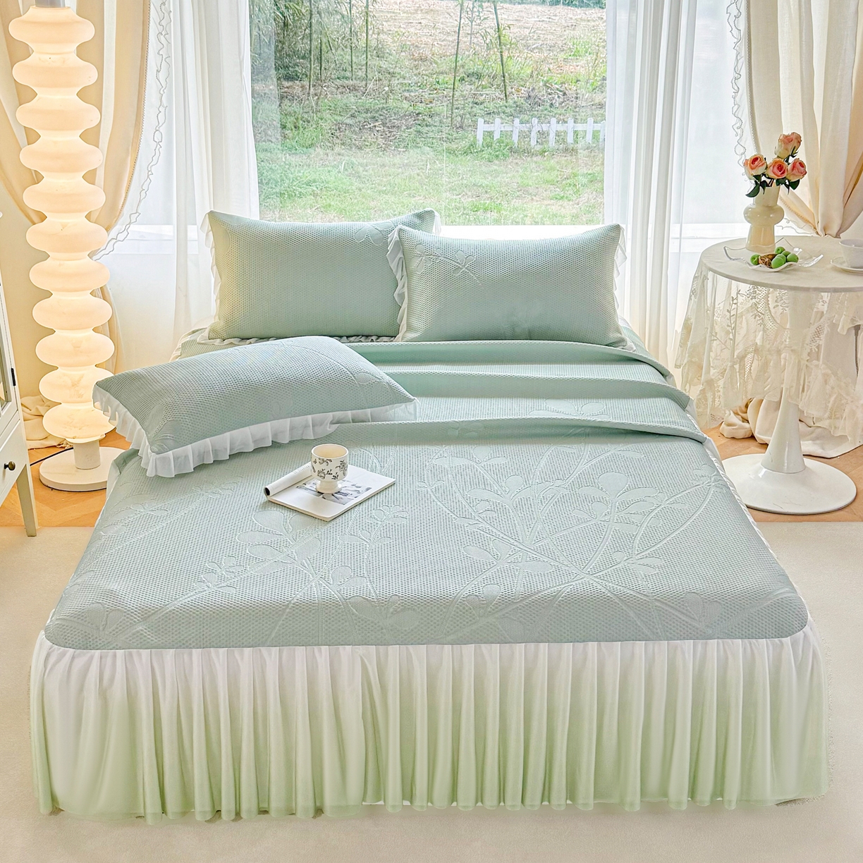 赛丽雅 2026新款A类PE提花渐变色床裙款凉席席子 枝夏-绿