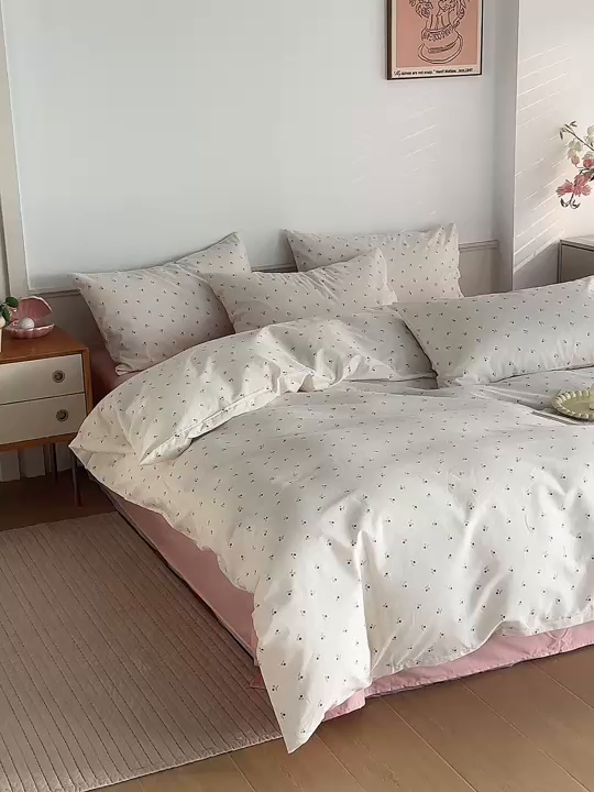 91家纺网 家纺一手货源 找家纺 绫韵家纺 2026新款全棉ins小碎花13372纯棉田园风简约四件套 桃点点