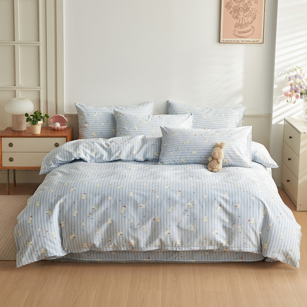 绫韵家纺 2026新款全棉ins小碎花13372纯棉田园风简约四件套 条纹小猫