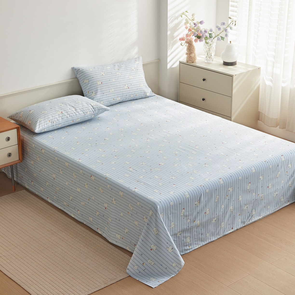 91家纺网 家纺一手货源 找家纺 绫韵家纺 2026新款全棉ins小碎花13372纯棉田园风简约四件套 条纹小猫