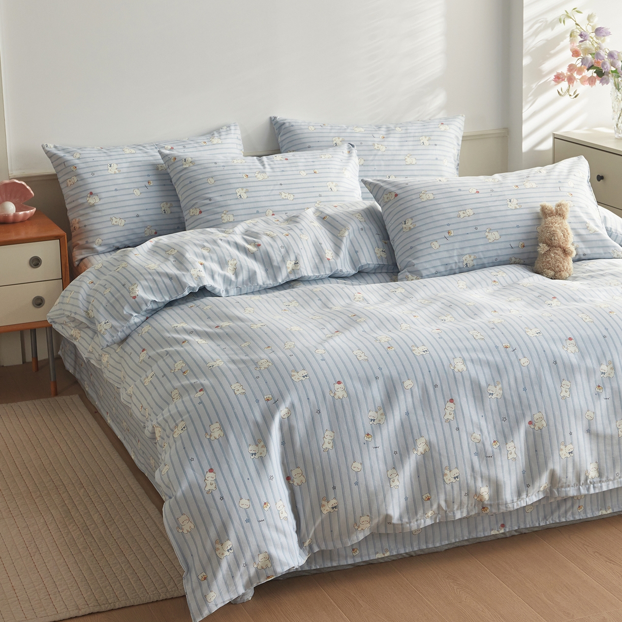 91家纺网 家纺一手货源 找家纺 绫韵家纺 2026新款全棉ins小碎花13372纯棉田园风简约四件套 条纹小猫