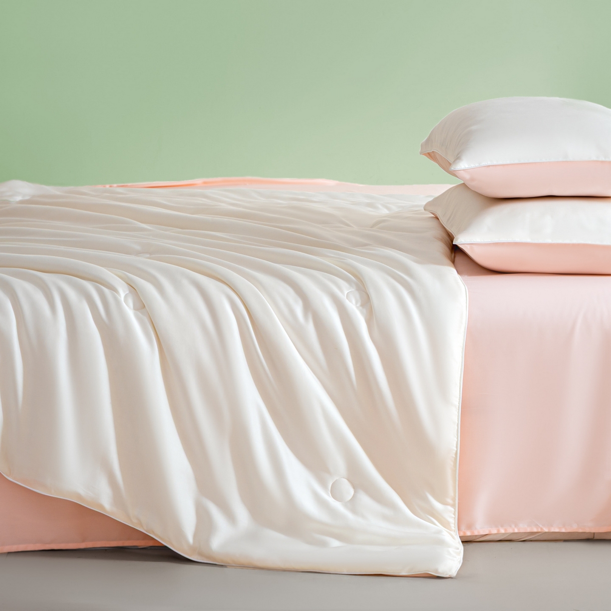 91家纺网 家纺一手货源 找家纺 云棉坊 2026新款水洗冰丝滚边款夏被-双拼系列 双拼-贵族白+半熟蜜桃