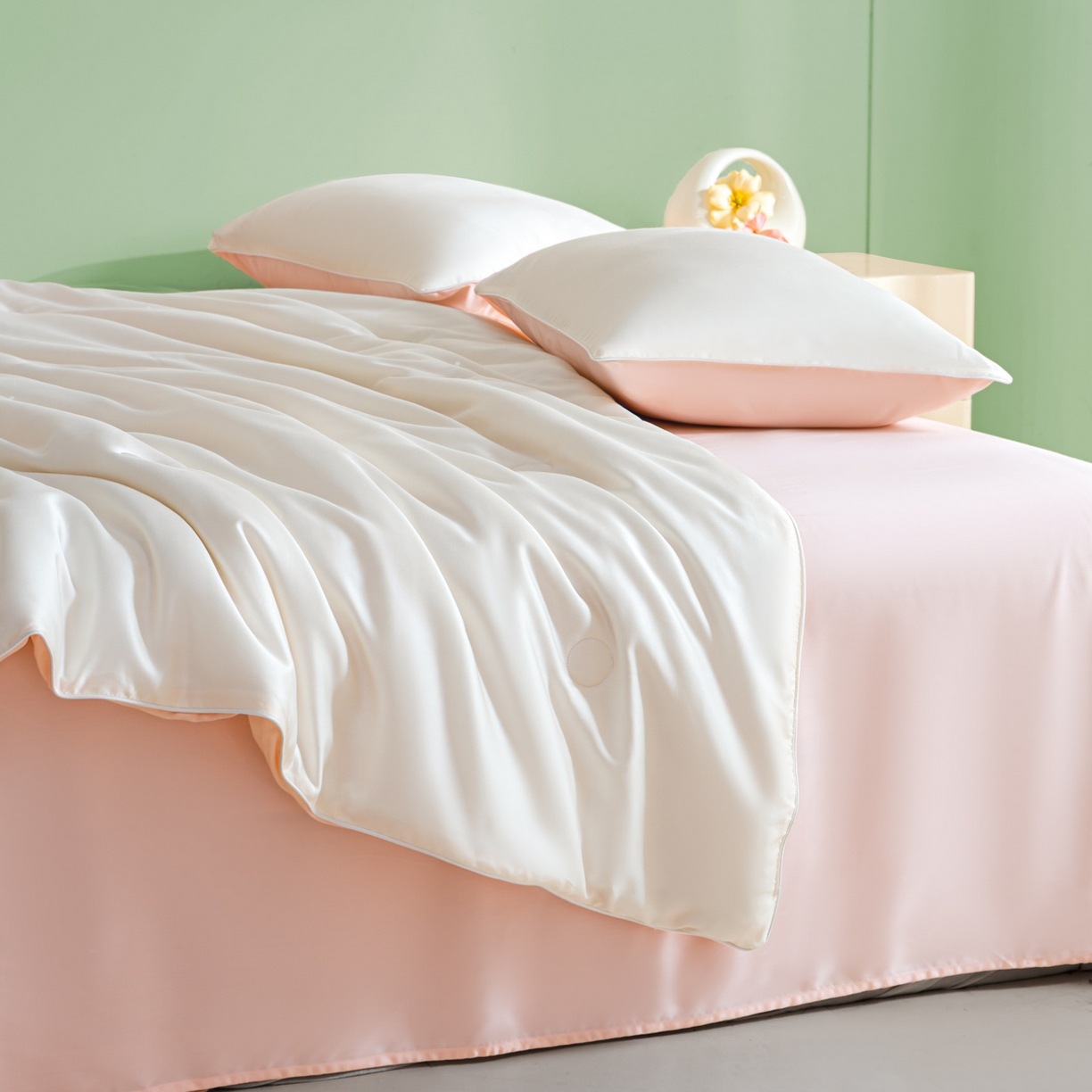 91家纺网 家纺一手货源 找家纺 云棉坊 2026新款水洗冰丝滚边款夏被-双拼系列 双拼-贵族白+半熟蜜桃