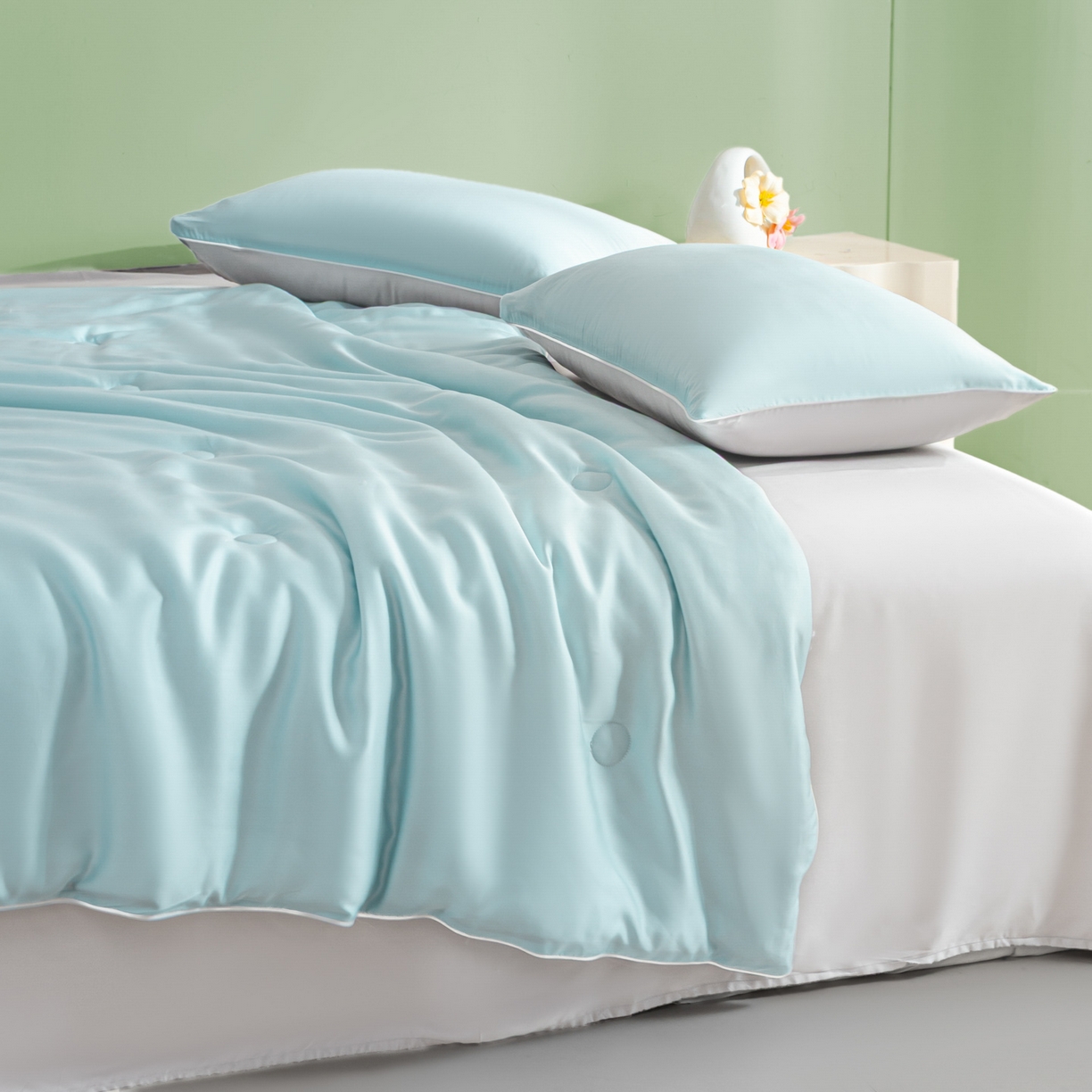 91家纺网 家纺一手货源 找家纺 云棉坊 2026新款水洗冰丝滚边款夏被-双拼系列 双拼-海盐兰+香草灰