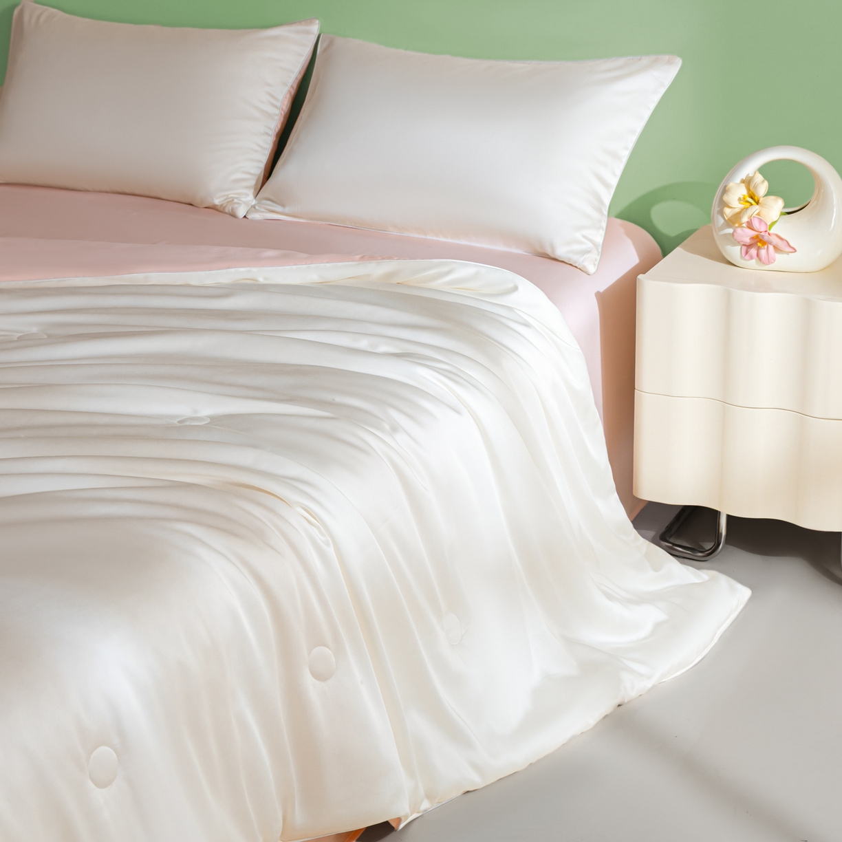 91家纺网 家纺一手货源 找家纺 云棉坊 2026新款水洗冰丝滚边款夏被-双拼系列 双拼-贵族白+半熟蜜桃