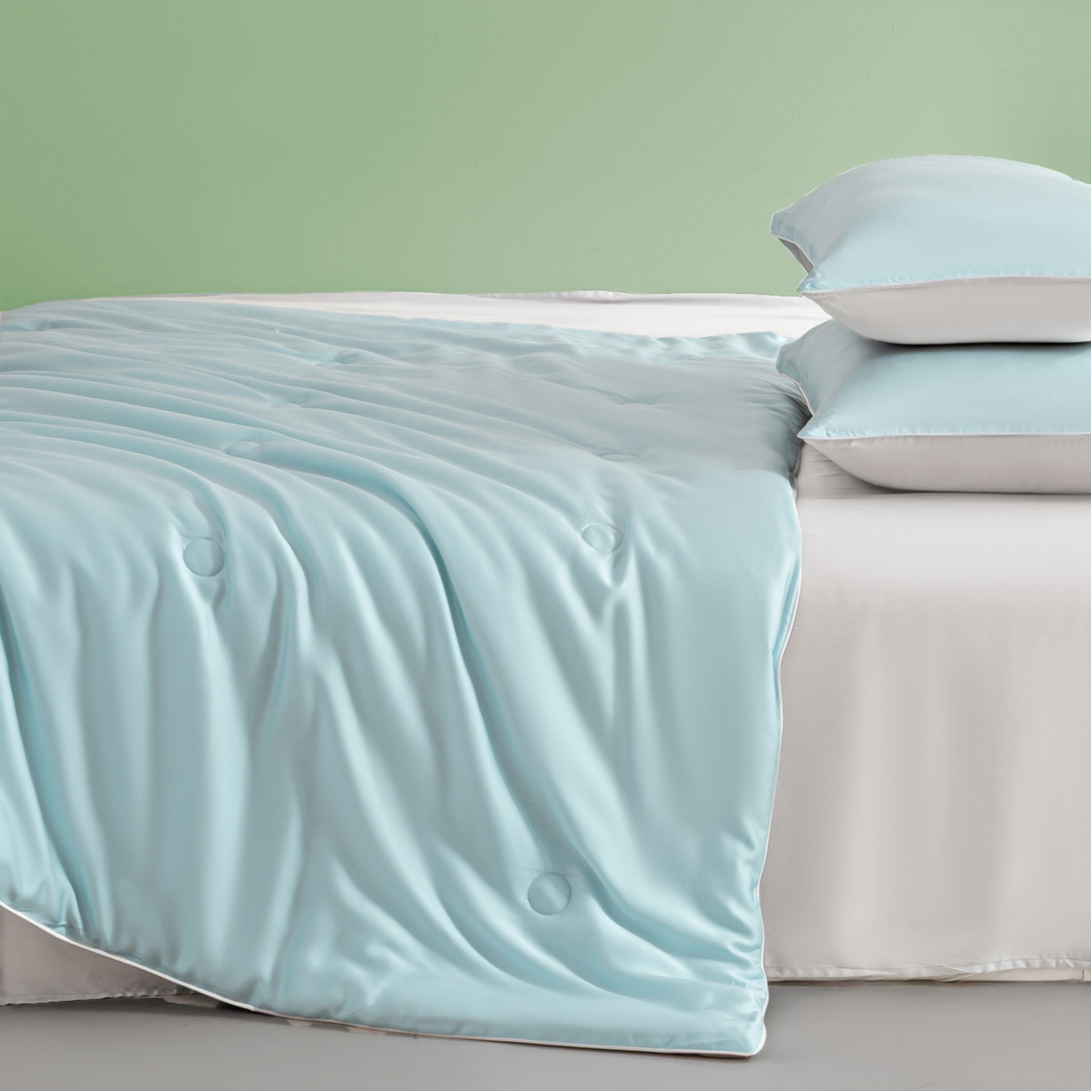 91家纺网 家纺一手货源 找家纺 云棉坊 2026新款水洗冰丝滚边款夏被-双拼系列 双拼-海盐兰+香草灰