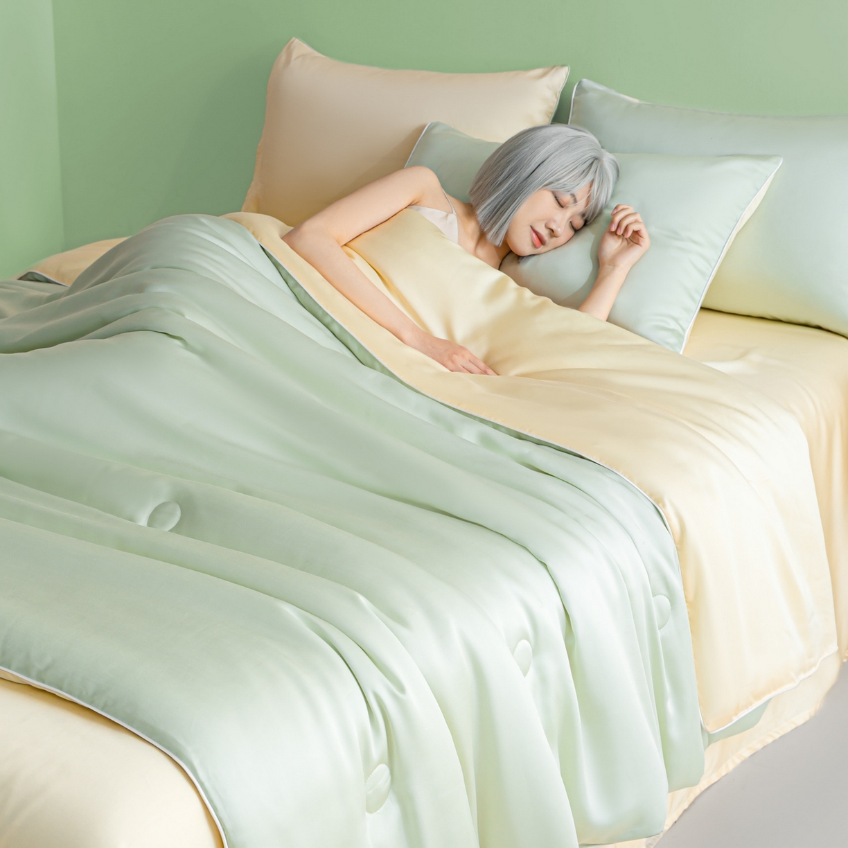 91家纺网 家纺一手货源 找家纺 云棉坊 2026新款水洗冰丝滚边款夏被-双拼系列 双拼-水果清香+奶黄