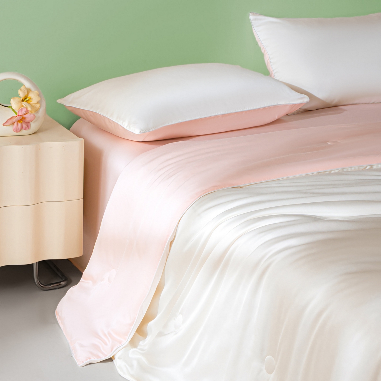 91家纺网 家纺一手货源 找家纺 云棉坊 2026新款水洗冰丝滚边款夏被-双拼系列 双拼-贵族白+半熟蜜桃