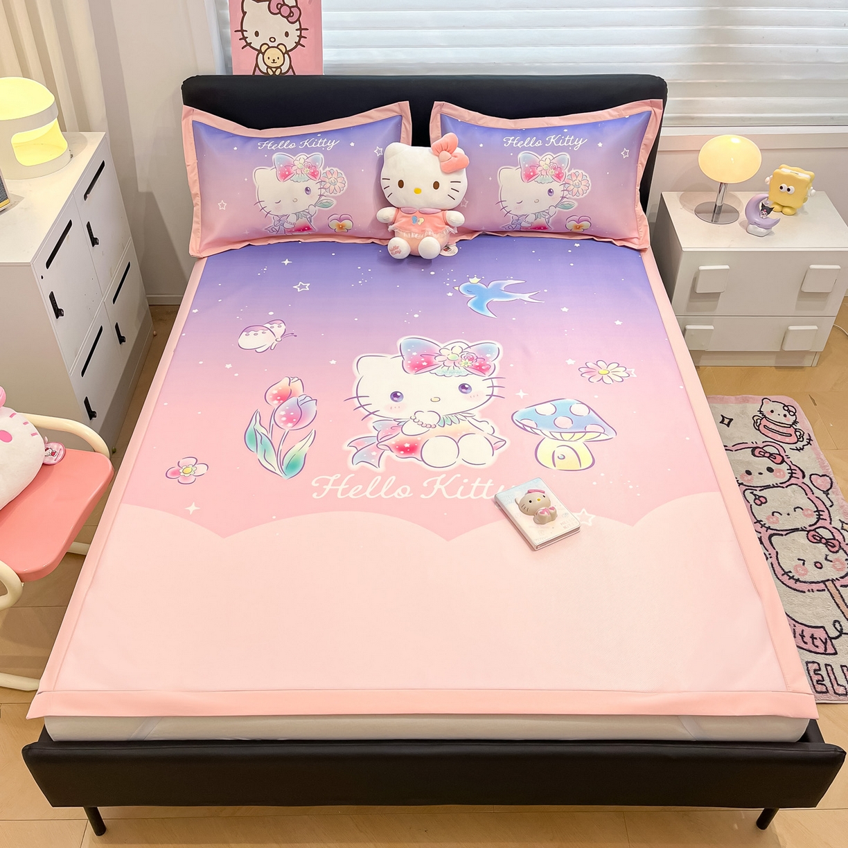 91家纺网 家纺一手货源 找家纺 暮思家居 2026新款正版授权A类大版数码印花三丽鸥1200D冰丝凉席可组合仿锦氨夏被 平铺款-梦幻KT