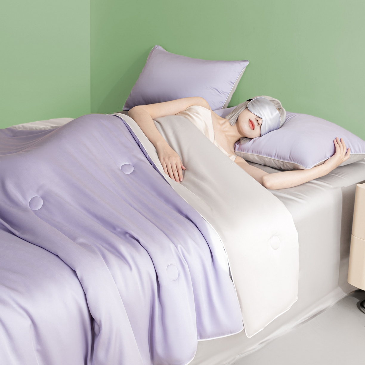 91家纺网 家纺一手货源 找家纺 云棉坊 2026新款水洗冰丝滚边款夏被-双拼系列 双拼-风信紫+香草灰