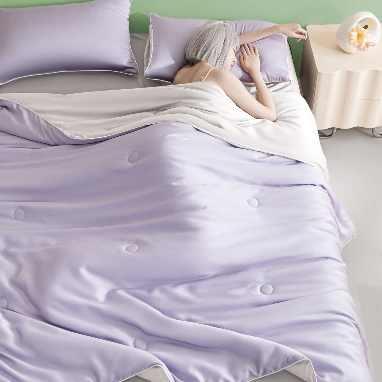 91家纺网 家纺一手货源 找家纺 云棉坊 2026新款水洗冰丝滚边款夏被-双拼系列 双拼-风信紫+香草灰