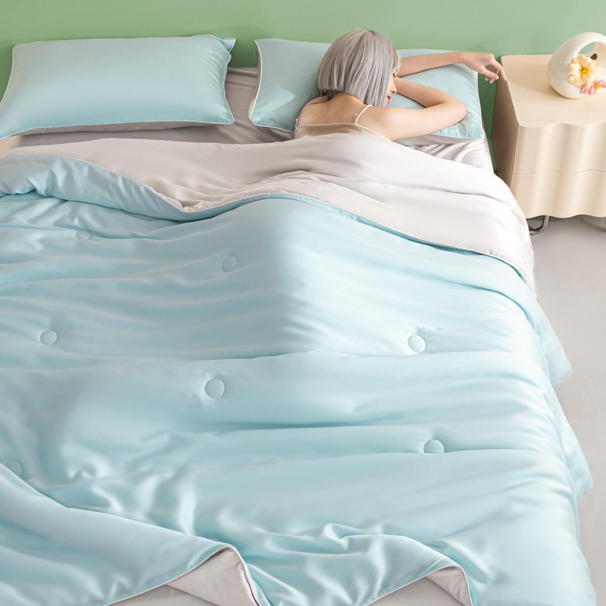 91家纺网 家纺一手货源 找家纺 云棉坊 2026新款水洗冰丝滚边款夏被-双拼系列 双拼-海盐兰+香草灰