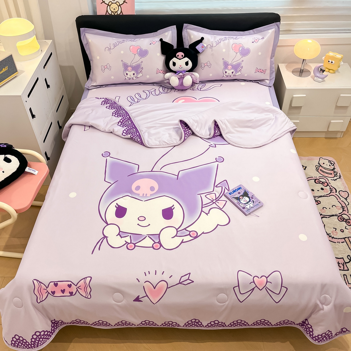 91家纺网 家纺一手货源 找家纺 暮思家居 2026新款正版授权A类大版数码印花三丽鸥1200D冰丝凉席可组合仿锦氨夏被 平铺款-梦想库洛米