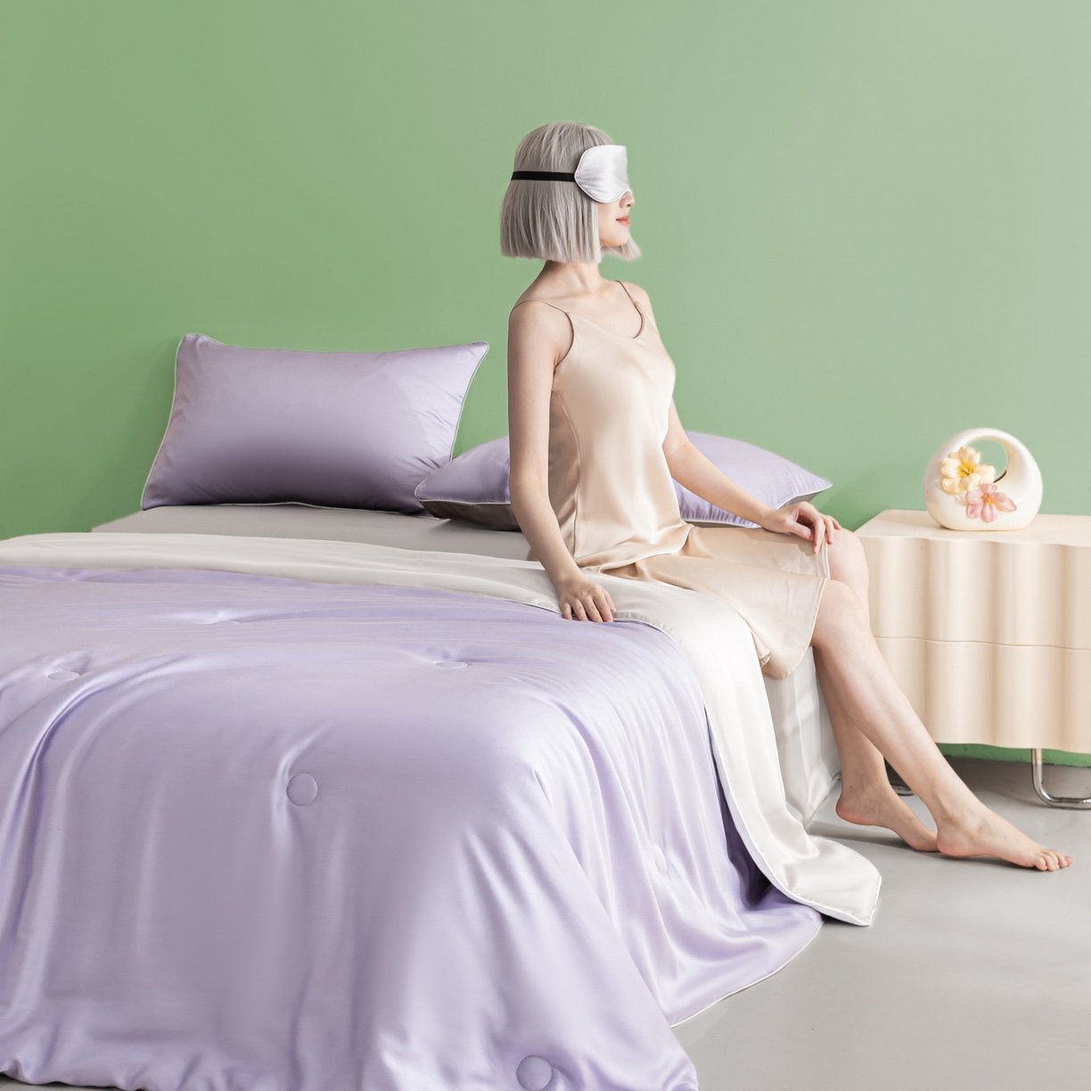 91家纺网 家纺一手货源 找家纺 云棉坊 2026新款水洗冰丝滚边款夏被-双拼系列 双拼-风信紫+香草灰