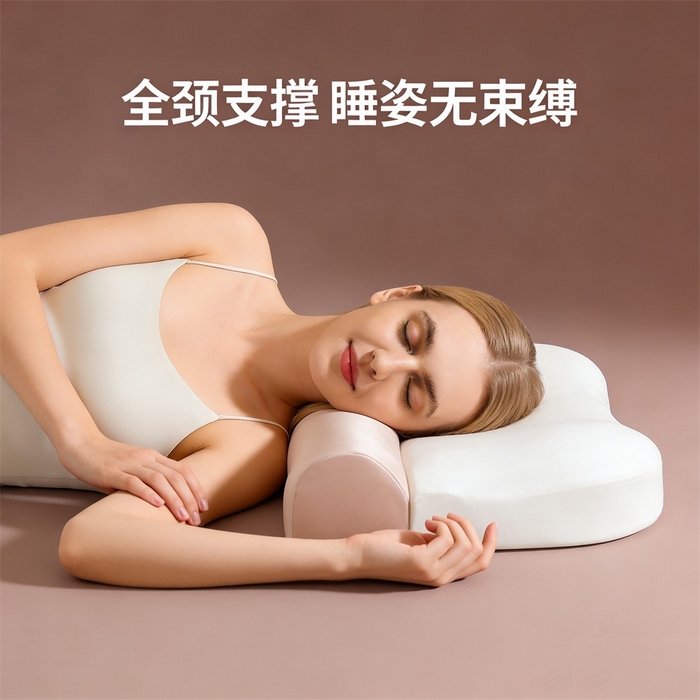 91家纺网 家纺一手货源 找家纺 土多多枕芯 2026新款二合一护颈枕牵引记忆枕芯锦氨透气凉感零压深睡记忆枕头枕芯-拍摄二模特图 零压记忆牵引枕-白+粉玉