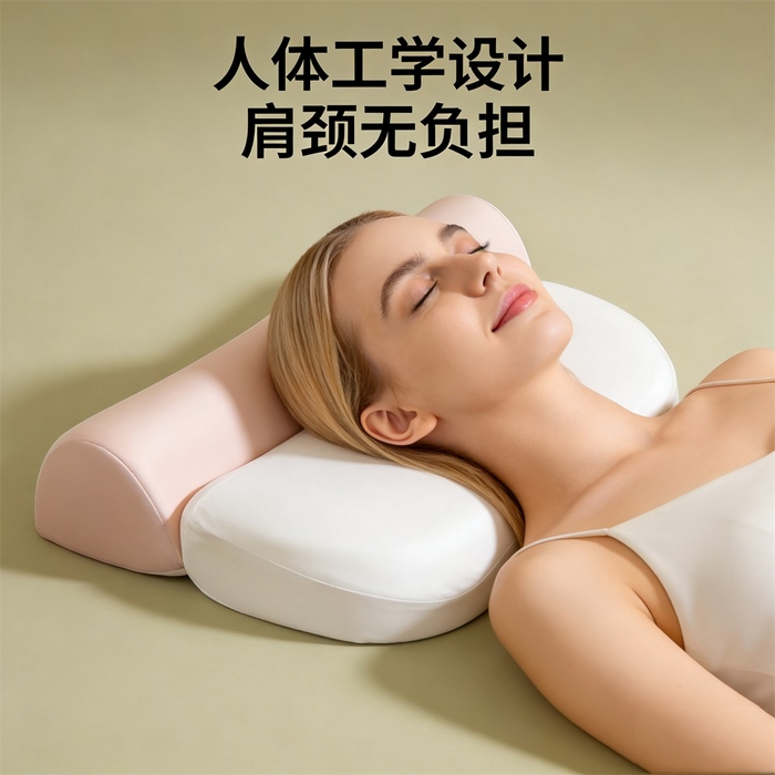 91家纺网 家纺一手货源 找家纺 土多多枕芯 2026新款二合一护颈枕牵引记忆枕芯锦氨透气凉感零压深睡记忆枕头枕芯-拍摄二模特图 零压记忆牵引枕-白+粉玉