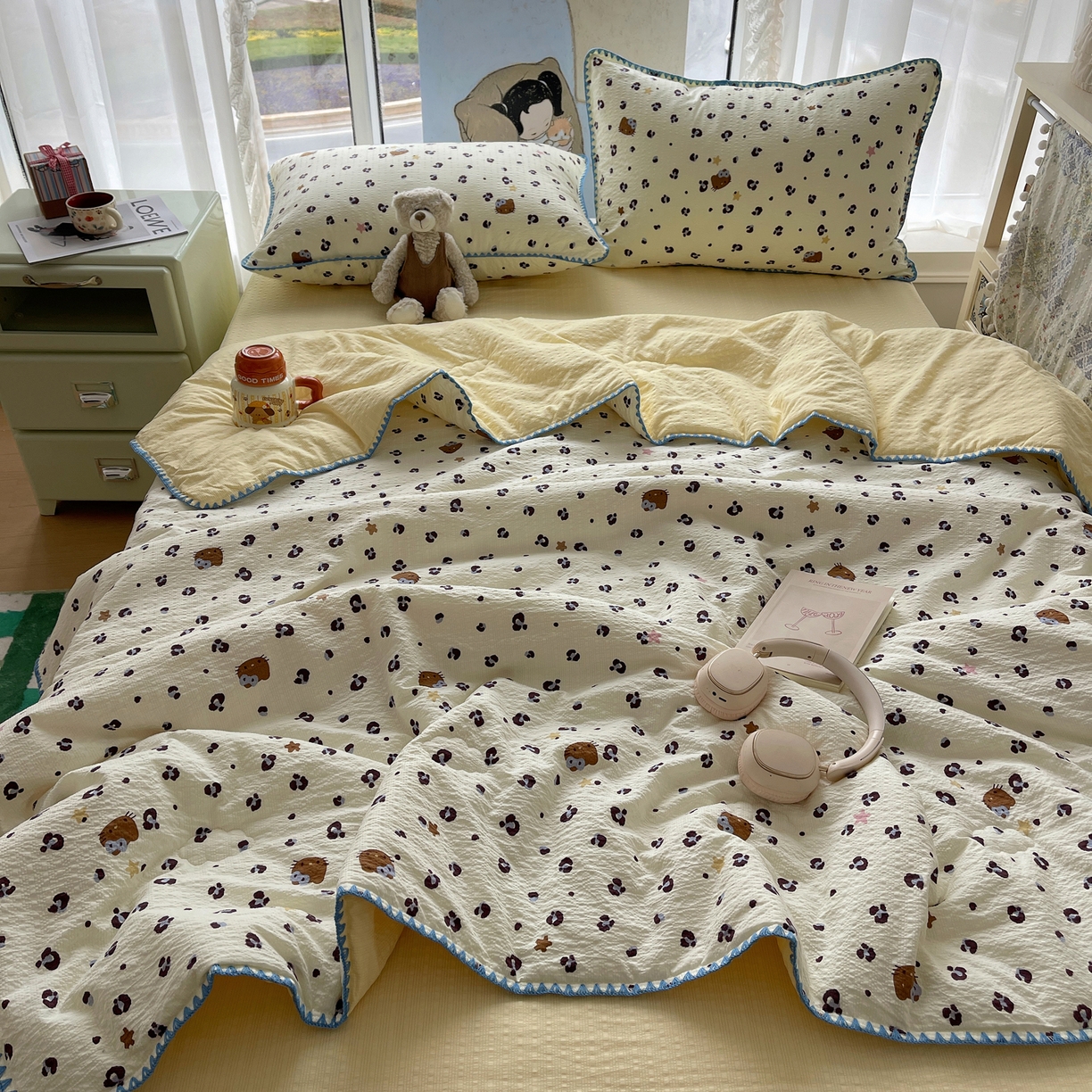 91家纺网 家纺一手货源 找家纺 （总）贝扬思家纺 2026新款泡芙纱贝壳边夏被套件-欧包系列（今天也只做被快乐包裹的小朋友）