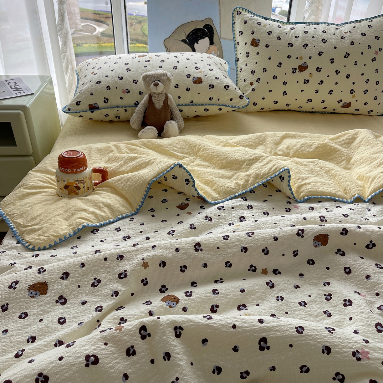 91家纺网 家纺一手货源 找家纺 （总）贝扬思家纺 2026新款泡芙纱贝壳边夏被套件-欧包系列（今天也只做被快乐包裹的小朋友）