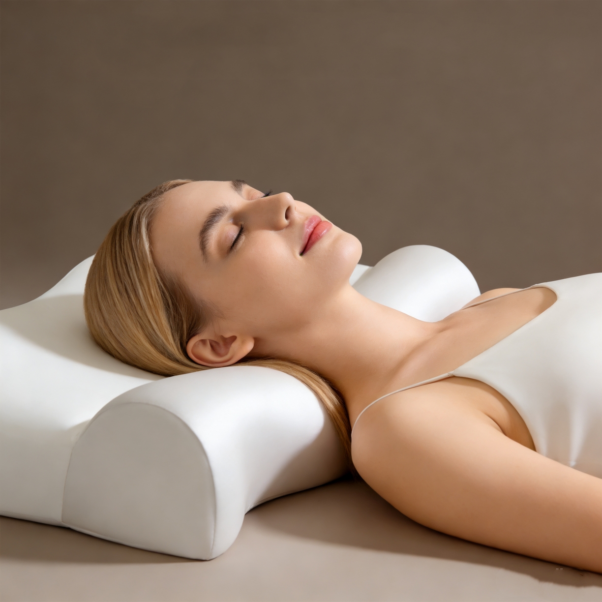 91家纺网 家纺一手货源 找家纺 土多多枕芯 2026新款二合一护颈枕牵引记忆枕芯锦氨透气凉感零压深睡记忆枕头枕芯-拍摄二模特图 零压记忆牵引枕-白+灰色