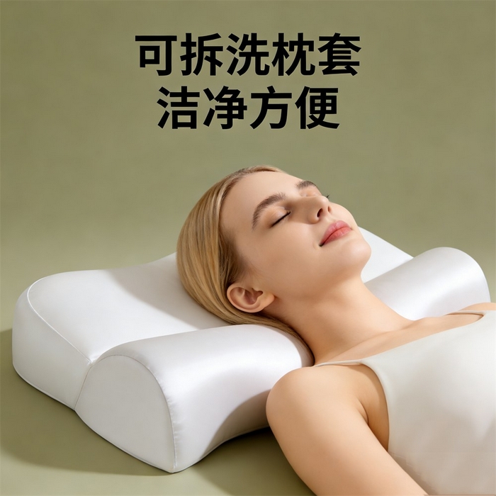 91家纺网 家纺一手货源 找家纺 土多多枕芯 2026新款二合一护颈枕牵引记忆枕芯锦氨透气凉感零压深睡记忆枕头枕芯-拍摄二模特图 零压记忆牵引枕-白+灰色