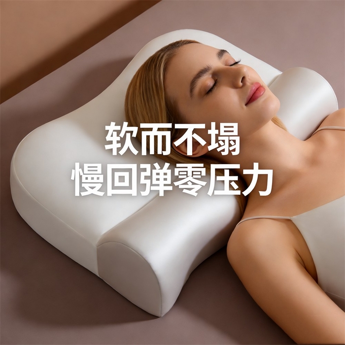 91家纺网 家纺一手货源 找家纺 土多多枕芯 2026新款二合一护颈枕牵引记忆枕芯锦氨透气凉感零压深睡记忆枕头枕芯-拍摄二模特图 零压记忆牵引枕-白+灰色