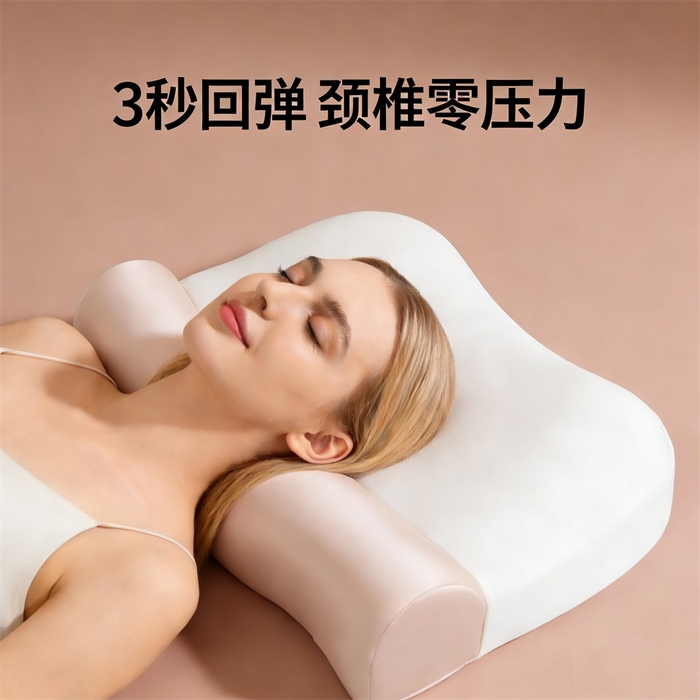 91家纺网 家纺一手货源 找家纺 土多多枕芯 2026新款二合一护颈枕牵引记忆枕芯锦氨透气凉感零压深睡记忆枕头枕芯-拍摄二模特图 零压记忆牵引枕-白+粉玉
