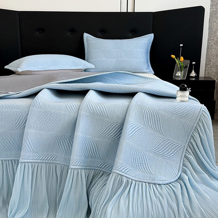 91家纺网 家纺一手货源 找家纺 金绣美居 2026新款高分子PE复合压褶床裙凉席-冰川 冰川-蓝色