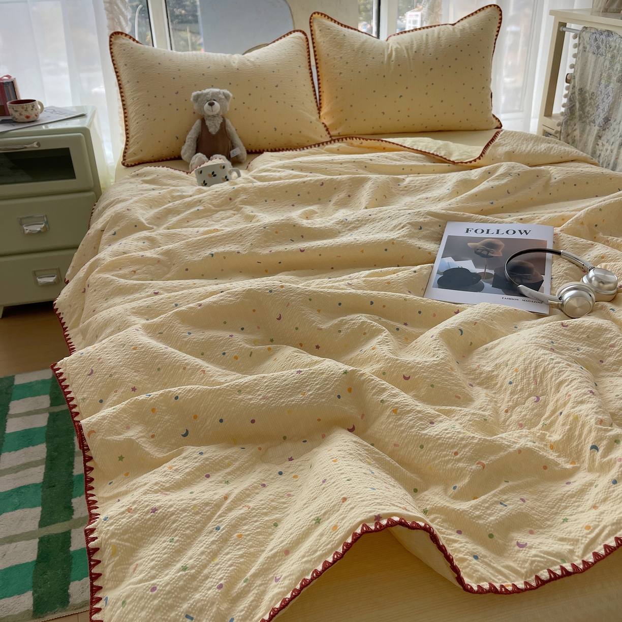 91家纺网 家纺一手货源 找家纺 贝扬思家纺 2026新款泡芙纱贝壳边夏被套件-欧包系列（今天也只做被快乐包裹的小朋友） 欧包-星月糖粒