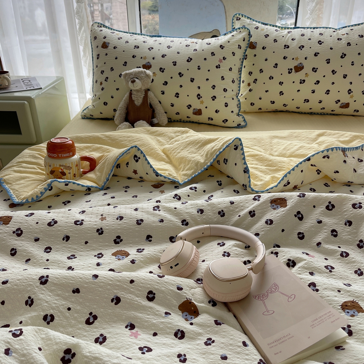 91家纺网 家纺一手货源 找家纺 贝扬思家纺 2026新款泡芙纱贝壳边夏被套件-欧包系列（今天也只做被快乐包裹的小朋友） 欧包-豹纹蓝星