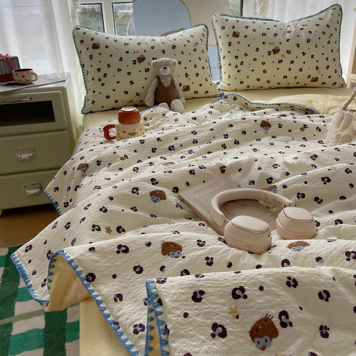 91家纺网 家纺一手货源 找家纺 贝扬思家纺 2026新款泡芙纱贝壳边夏被套件-欧包系列（今天也只做被快乐包裹的小朋友） 欧包-豹纹蓝星