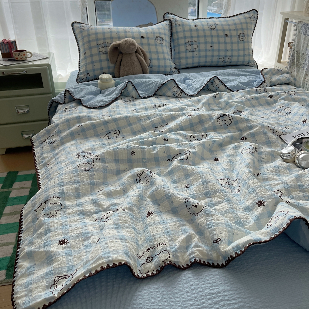 贝扬思家纺 2026新款泡芙纱贝壳边夏被套件-欧包系列（今天也只做被快乐包裹的小朋友） 欧包-机智蓝狗