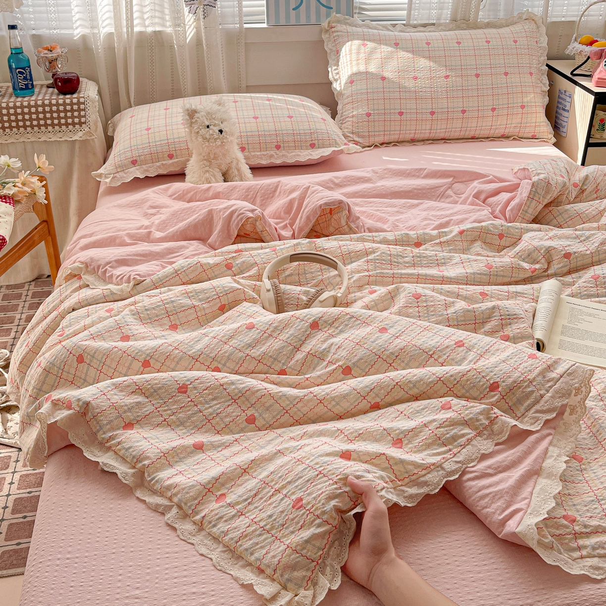 91家纺网 家纺一手货源 找家纺 （总）优承佳生活馆 2026新款超柔高克重泡芙纱蝴蝶结全棉花边夏被套件单夏被