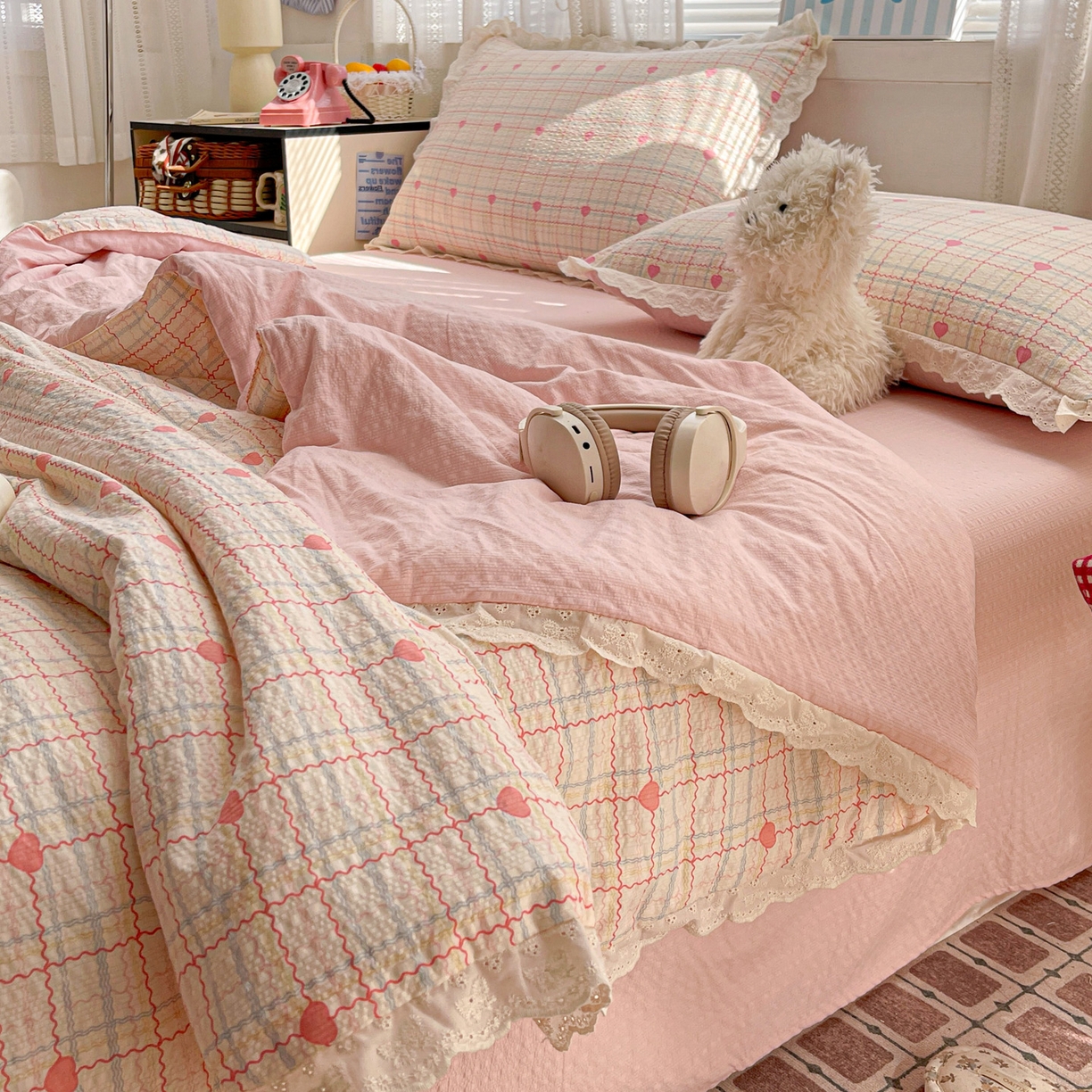 91家纺网 家纺一手货源 找家纺 （总）优承佳生活馆 2026新款超柔高克重泡芙纱蝴蝶结全棉花边夏被套件单夏被