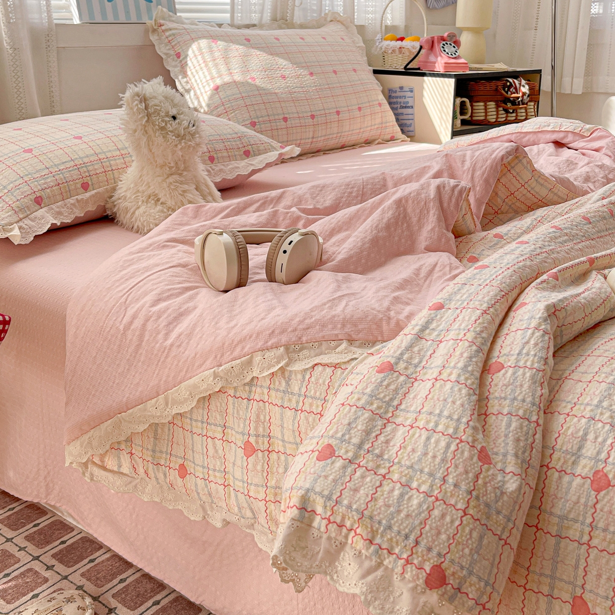 91家纺网 家纺一手货源 找家纺 （总）优承佳生活馆 2026新款超柔高克重泡芙纱蝴蝶结全棉花边夏被套件单夏被