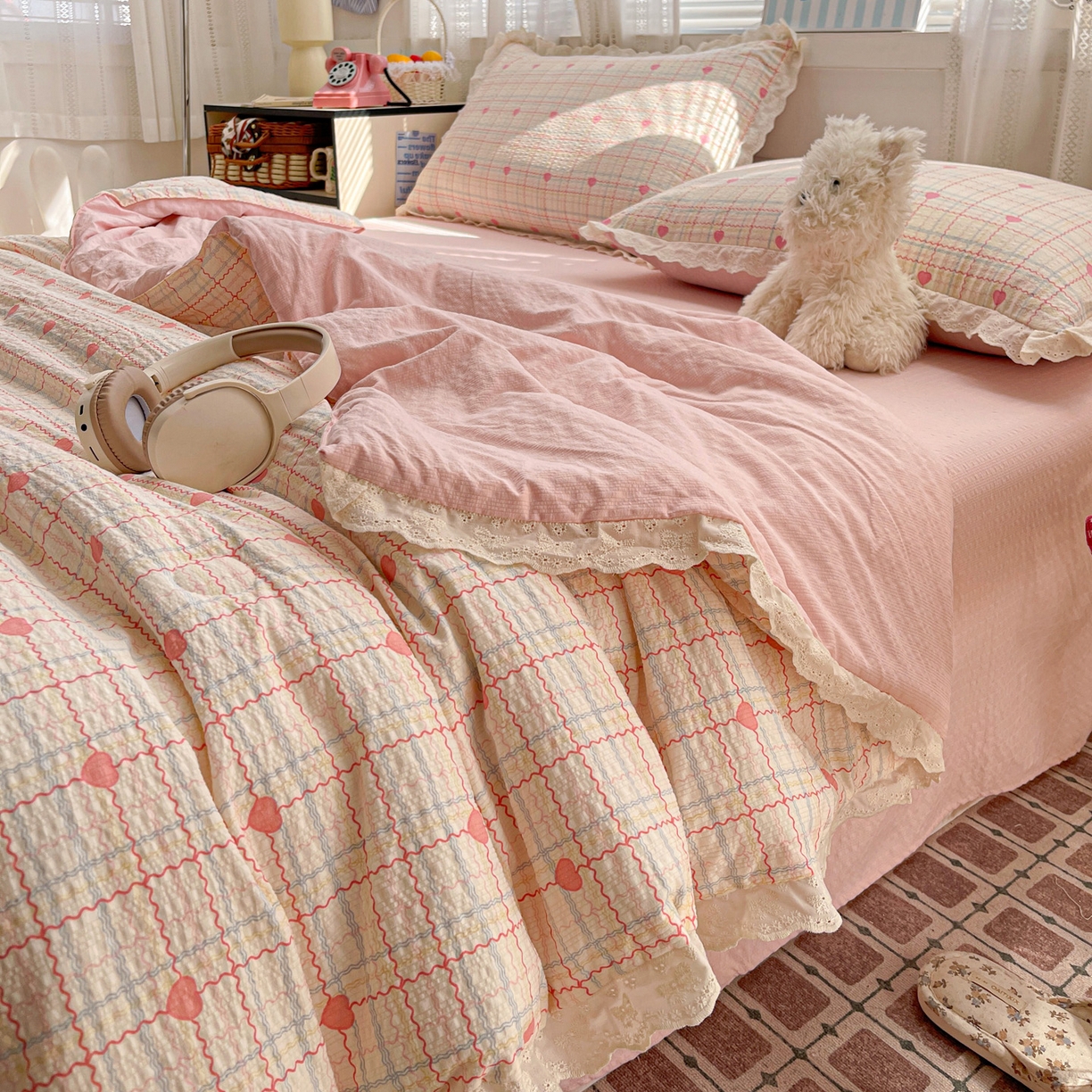 91家纺网 家纺一手货源 找家纺 （总）优承佳生活馆 2026新款超柔高克重泡芙纱蝴蝶结全棉花边夏被套件单夏被