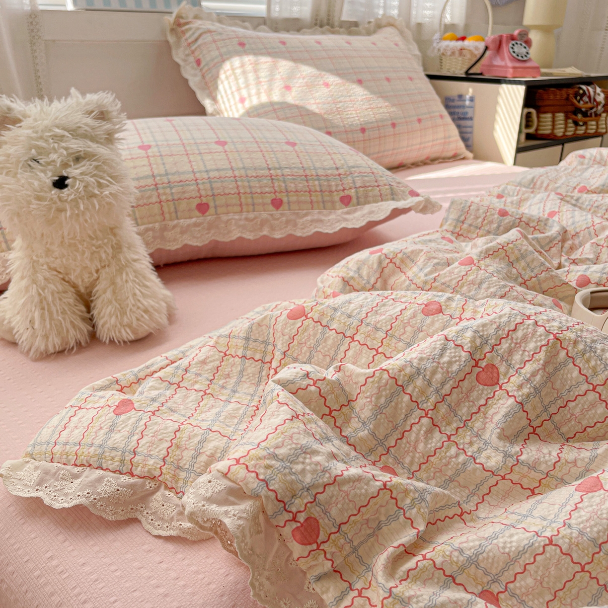 91家纺网 家纺一手货源 找家纺 （总）优承佳生活馆 2026新款超柔高克重泡芙纱蝴蝶结全棉花边夏被套件单夏被