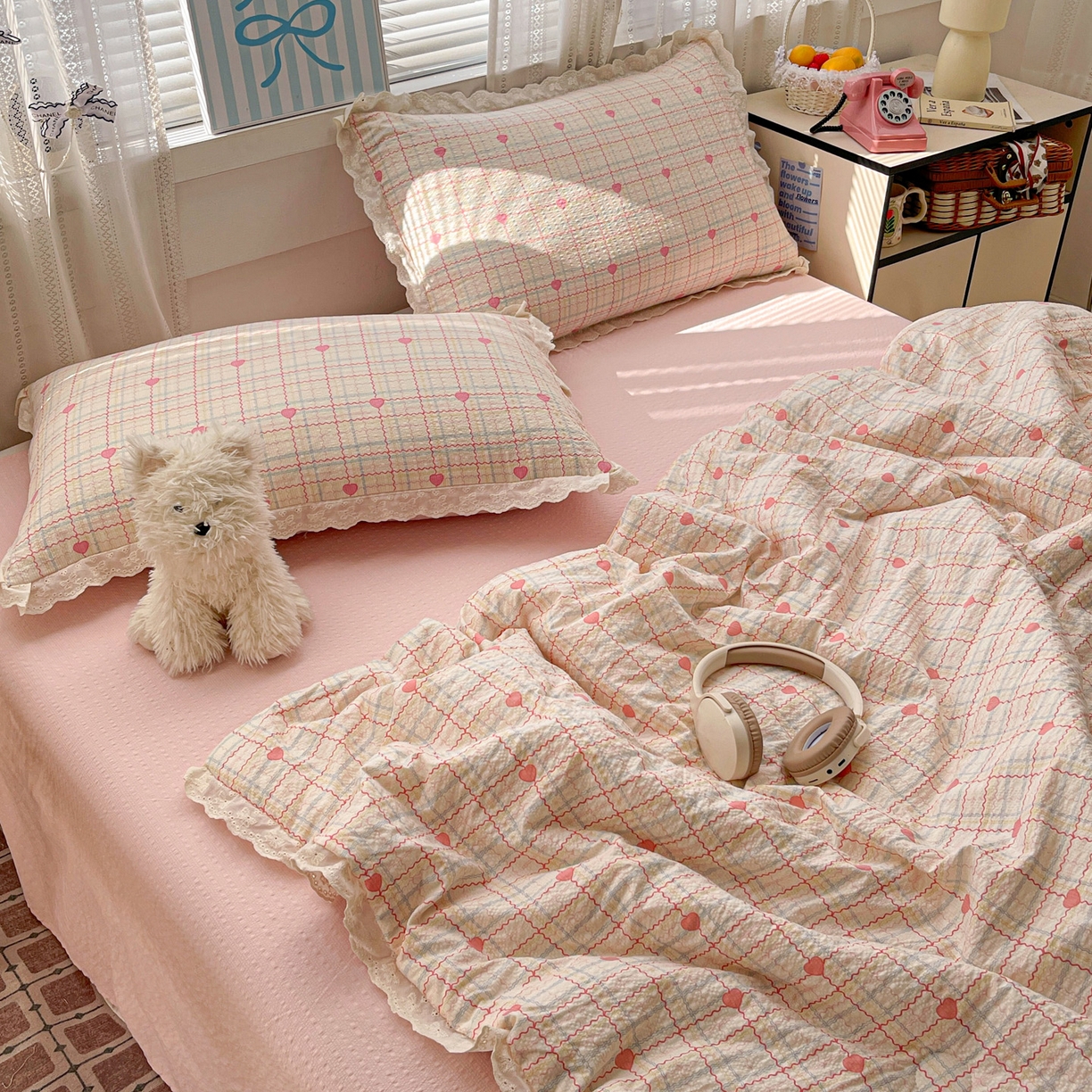 91家纺网 家纺一手货源 找家纺 （总）优承佳生活馆 2026新款超柔高克重泡芙纱蝴蝶结全棉花边夏被套件单夏被