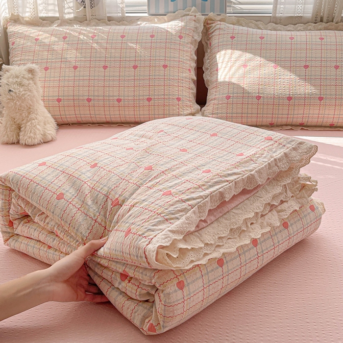 91家纺网 家纺一手货源 找家纺 （总）优承佳生活馆 2026新款超柔高克重泡芙纱蝴蝶结全棉花边夏被套件单夏被