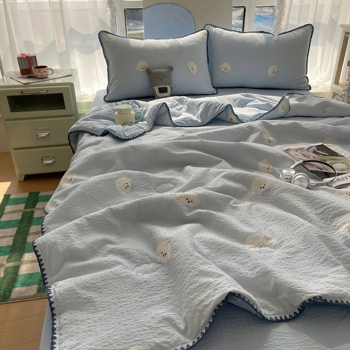 贝扬思家纺 2026新款泡芙纱贝壳边夏被套件-欧包系列（今天也只做被快乐包裹的小朋友） 欧包-蓝领结狗