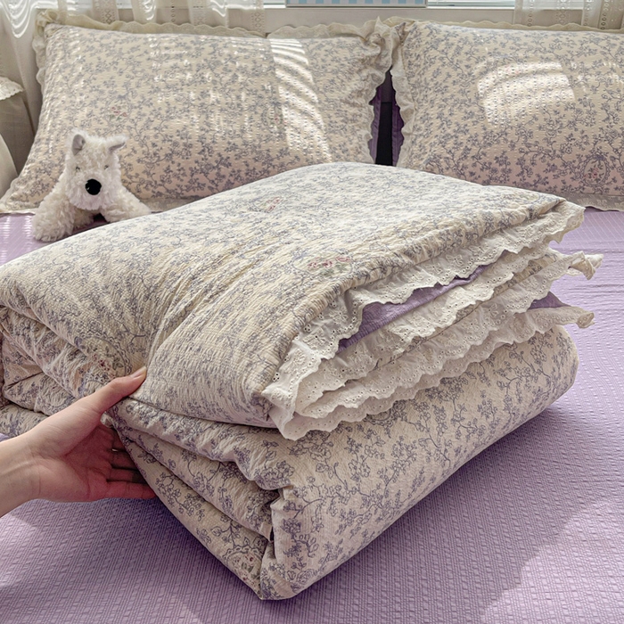 91家纺网 家纺一手货源 找家纺 （总）优承佳生活馆 2026新款超柔高克重泡芙纱蝴蝶结全棉花边夏被套件单夏被