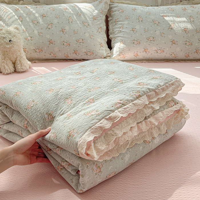91家纺网 家纺一手货源 找家纺 （总）优承佳生活馆 2026新款超柔高克重泡芙纱蝴蝶结全棉花边夏被套件单夏被