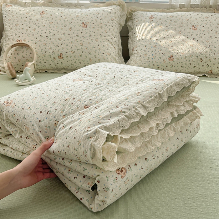 91家纺网 家纺一手货源 找家纺 （总）优承佳生活馆 2026新款超柔高克重泡芙纱蝴蝶结全棉花边夏被套件单夏被