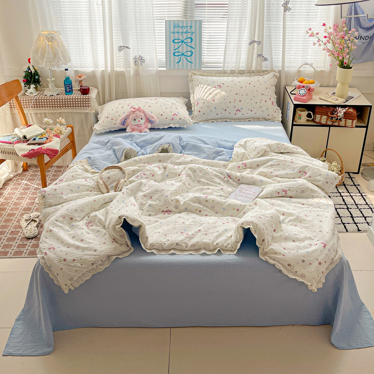 91家纺网 家纺一手货源 找家纺 （总）优承佳生活馆 2026新款超柔高克重泡芙纱蝴蝶结全棉花边夏被套件单夏被