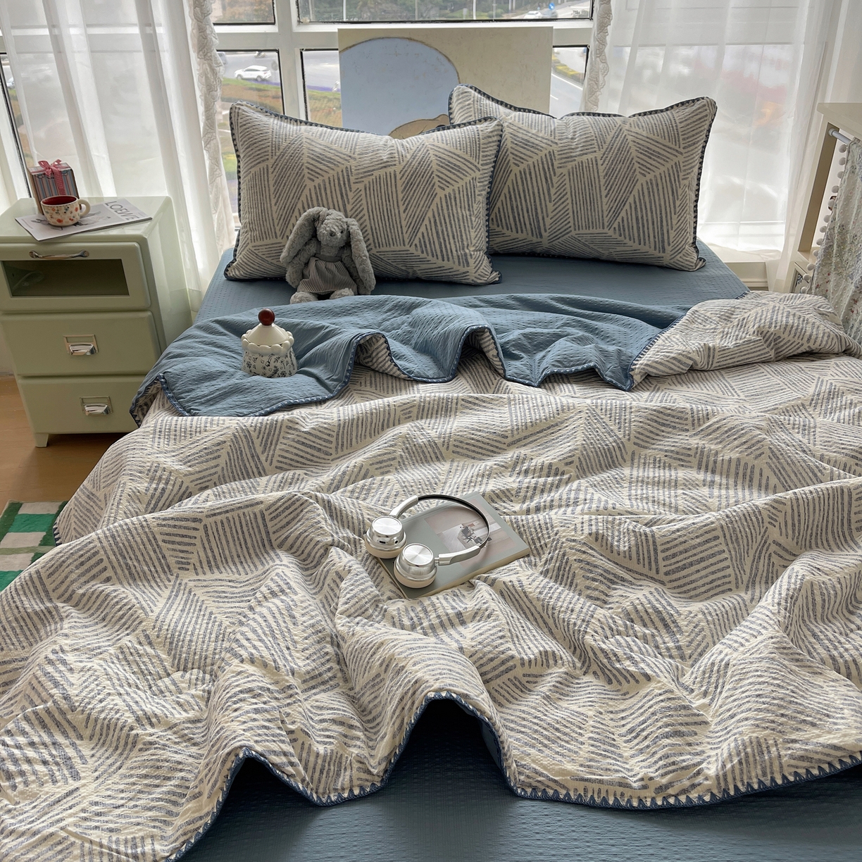 贝扬思家纺 2026新款泡芙纱贝壳边夏被套件-欧包系列（今天也只做被快乐包裹的小朋友） 欧包-浅川纹