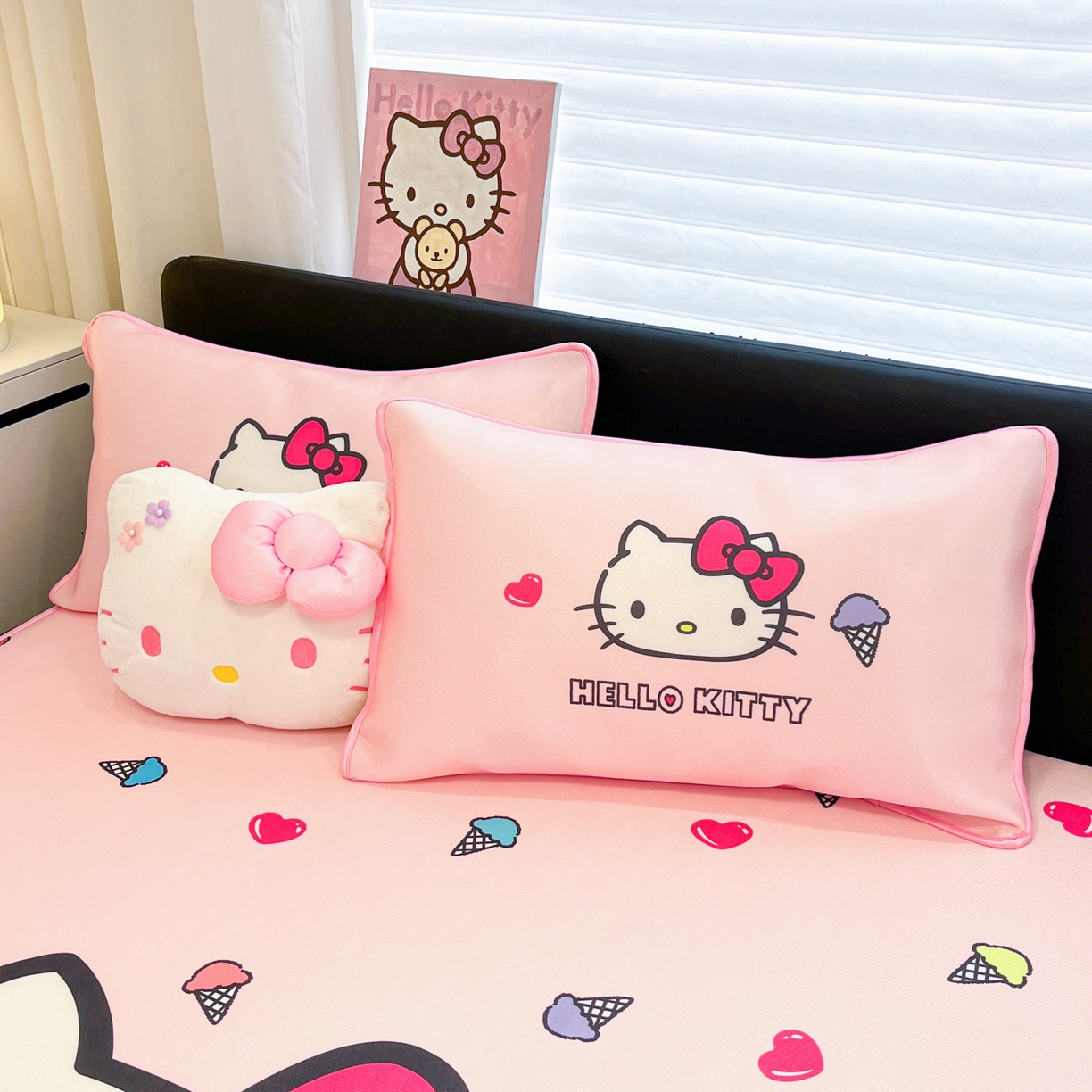 91家纺网 家纺一手货源 找家纺 暮思家居 2026新款正版授权A类大版数码印花三丽鸥1200D冰丝凉席可组合仿锦氨夏被 床笠款-甜筒KT