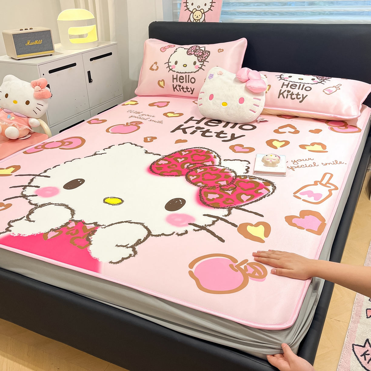 暮思家居 2026新款正版授权A类大版数码印花三丽鸥1200D冰丝凉席可组合仿锦氨夏被 床笠款-豹纹KT猫