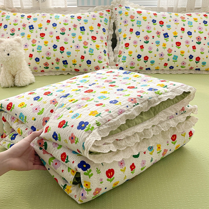 优承佳生活馆 2026新款超柔高克重泡芙纱蝴蝶结全棉花边夏被套件单夏被 芬芳馥郁